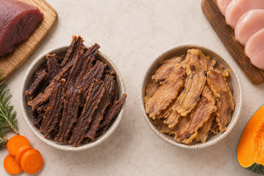 Dried kangaroo strips and dried chicken pieces in bowls side by side, with raw kangaroo, chicken breast, carrot and pumpkin around them