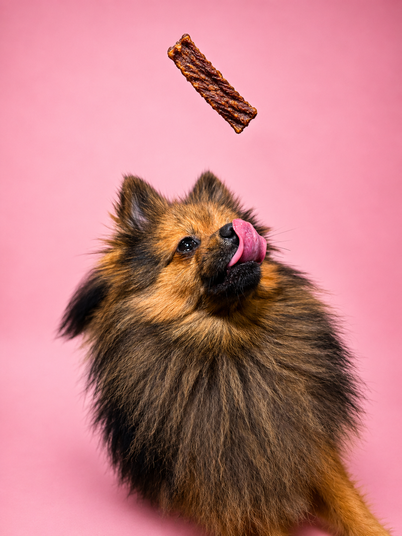 Pomeranian licking their lips at a Roo and Carrot Strip