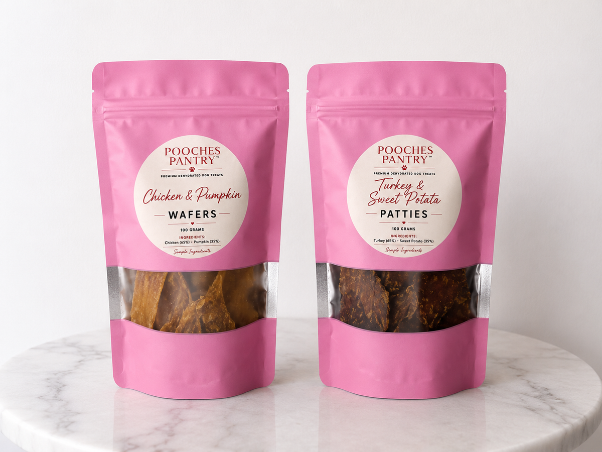 The Everyday bundle — Chicken & Pumpkin Wafers and Turkey & Sweet Potato Patties dog treat bags