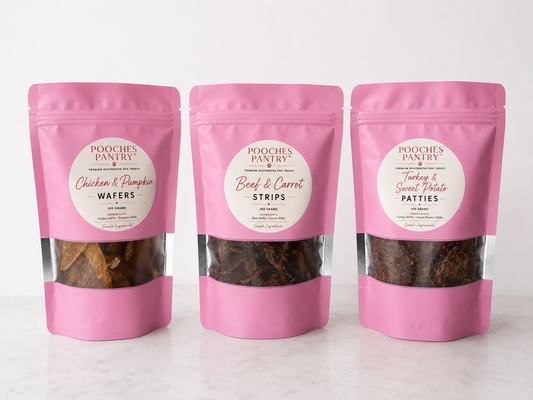 The Variety bundle — three pink bags of single-protein Pooches Pantry dog treats