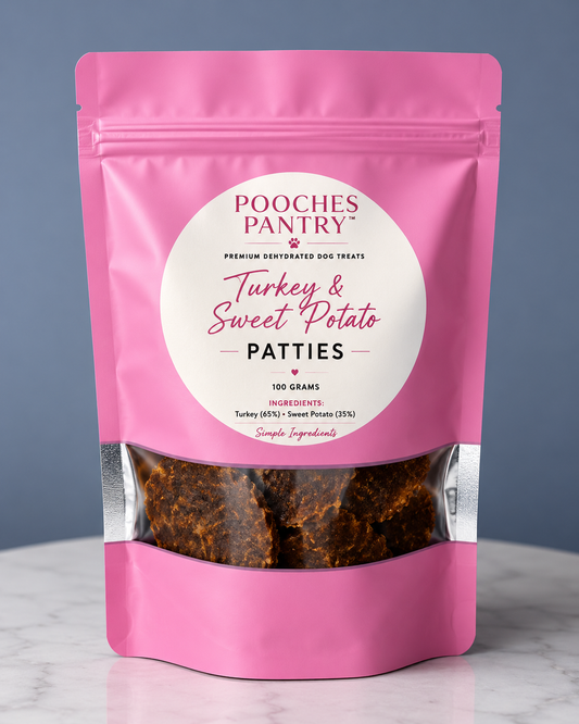 Turkey & Sweet Potato Patties dog treats in a pink Pooches Pantry bag