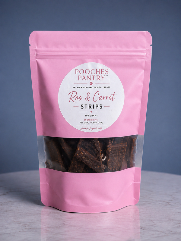 Roo & Carrot Strips dog treats in a pink Pooches Pantry pouch