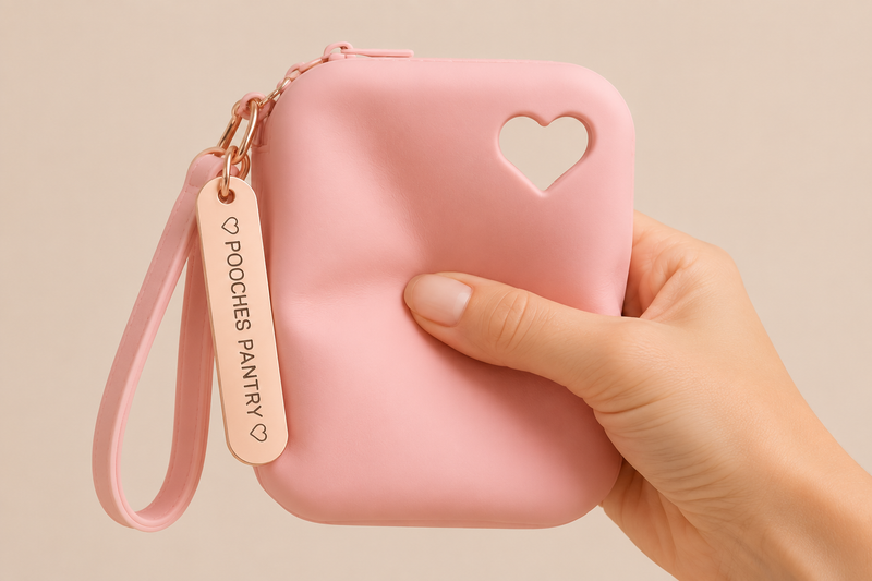 Pink silicone dog treat pouch with heart cutout, wrist strap and rose gold Pooches Pantry tag held in a hand