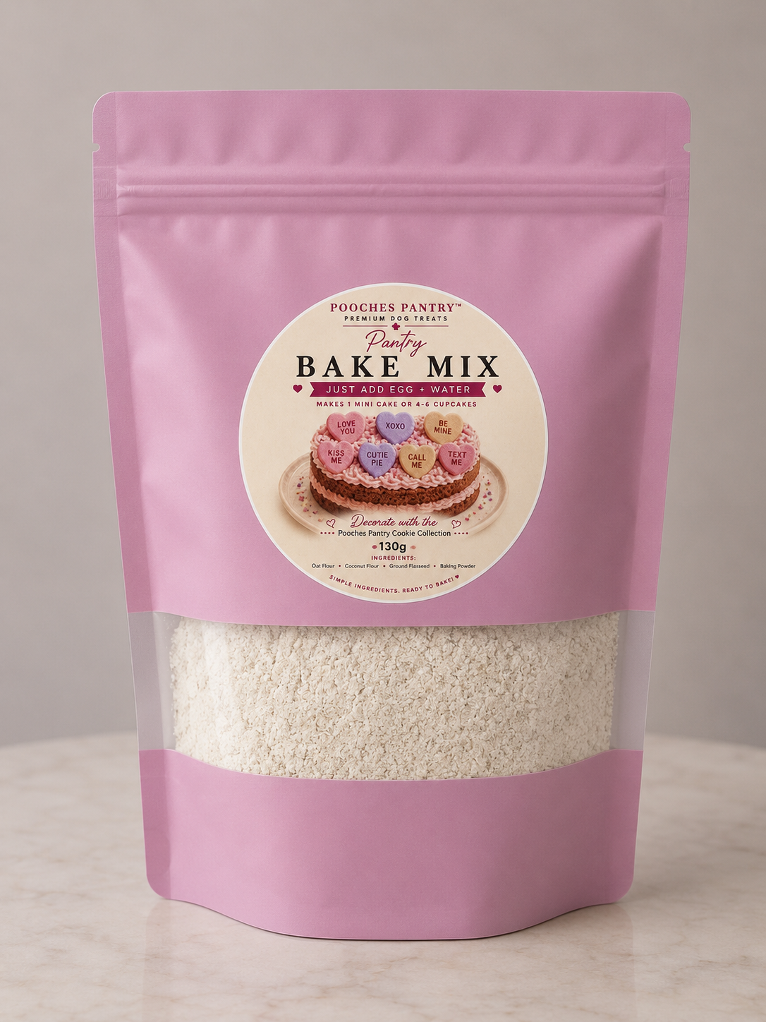 Pantry Bake Mix in a pink Pooches Pantry pouch — dog cake mix, just add egg and water