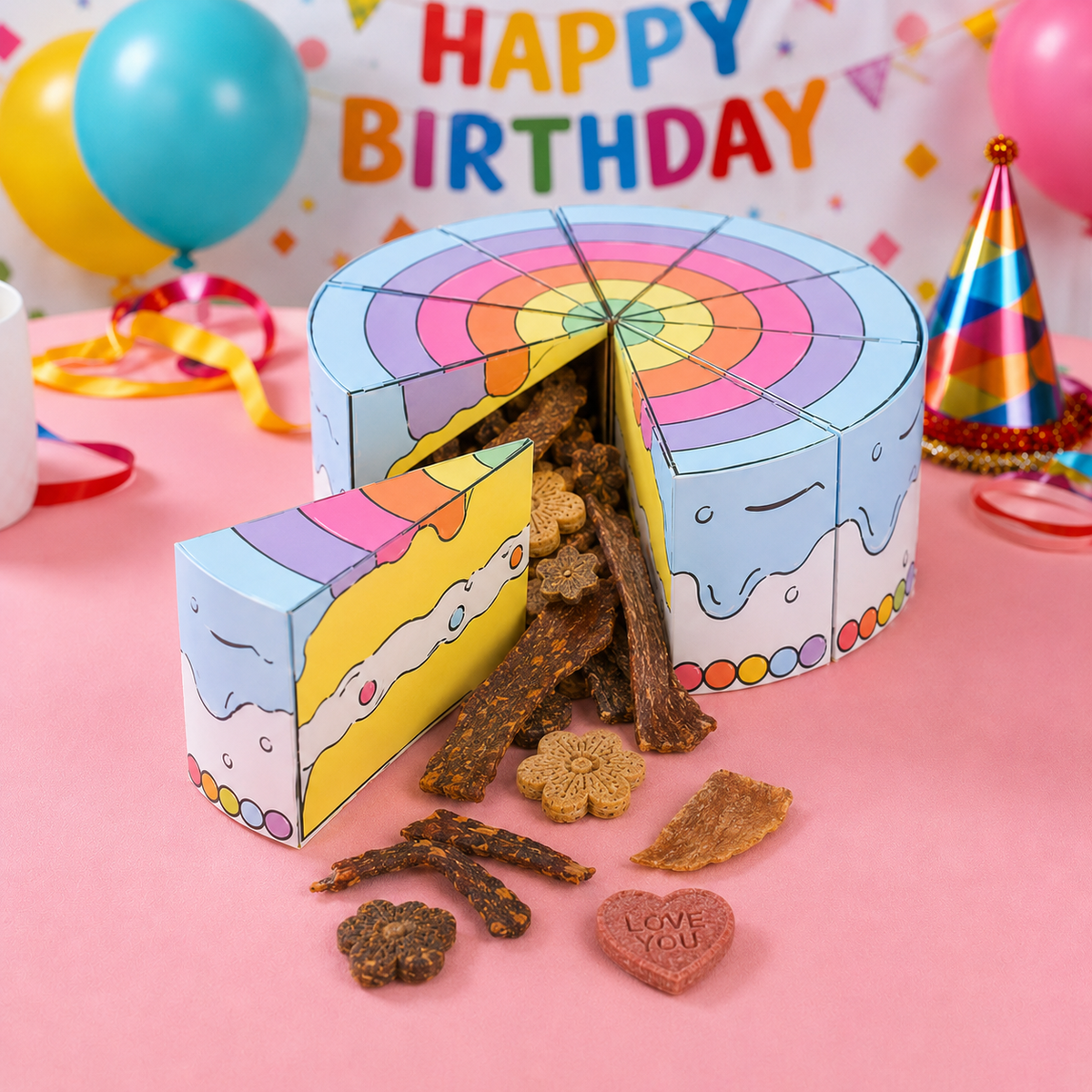 Happy Barkday Treat Cake — pink dog treat cake with ten fillable slices, tied with a ribbon