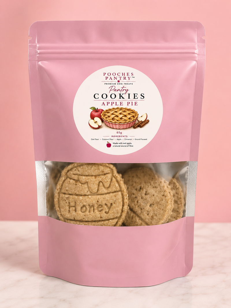 Apple Pie dog cookies in a pink Pooches Pantry pouch, handmade in Melbourne