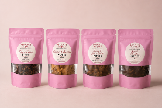 The Full Pantry bundle — all four Pooches Pantry single-protein dog treat bags