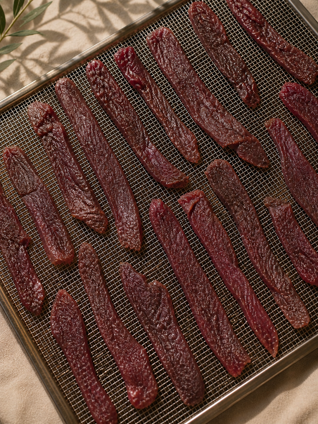 Beef sliced thin, headed for slow dehydration