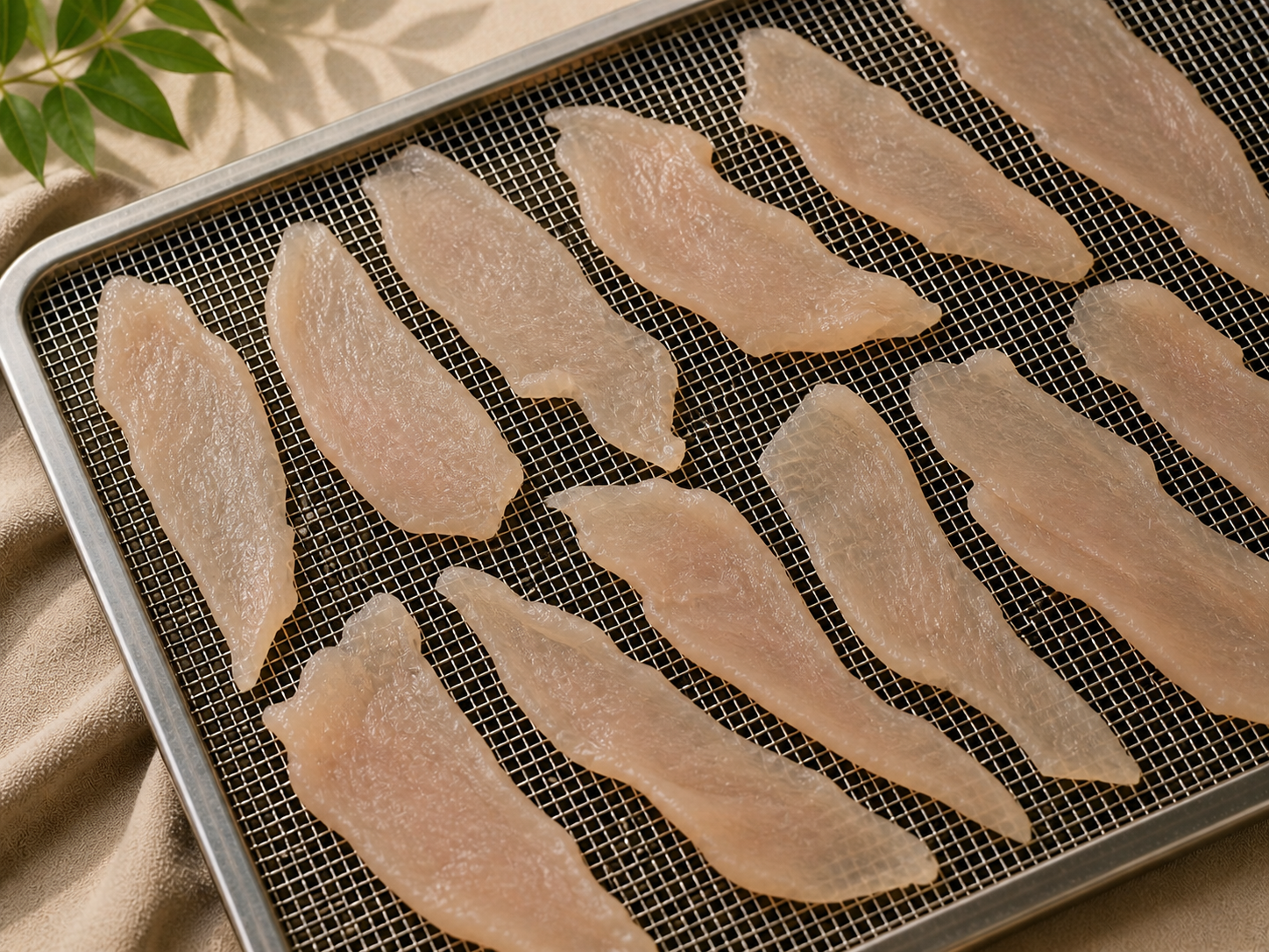 Hand-cut chicken breast, on the tray